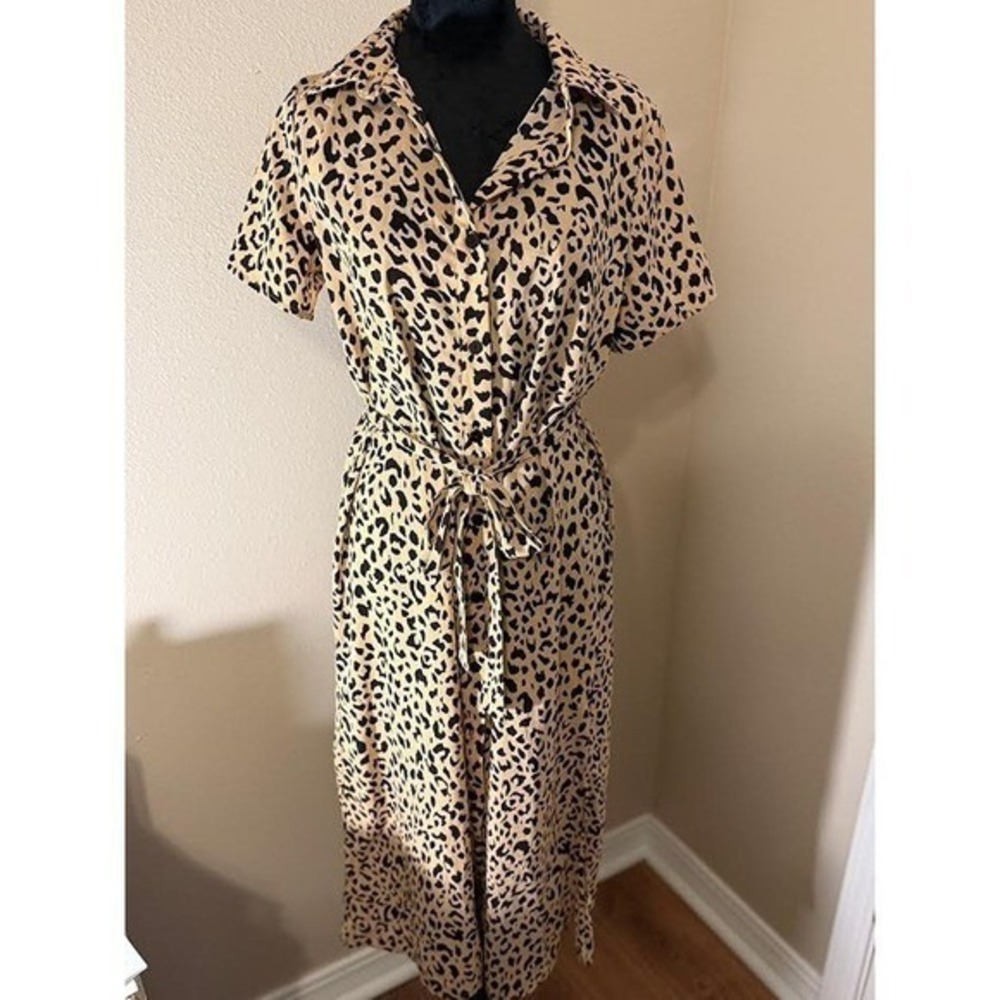 Cheetah Tan Black Shirt Dress W/ Tie Summer Fall Animal Print Vacation Large